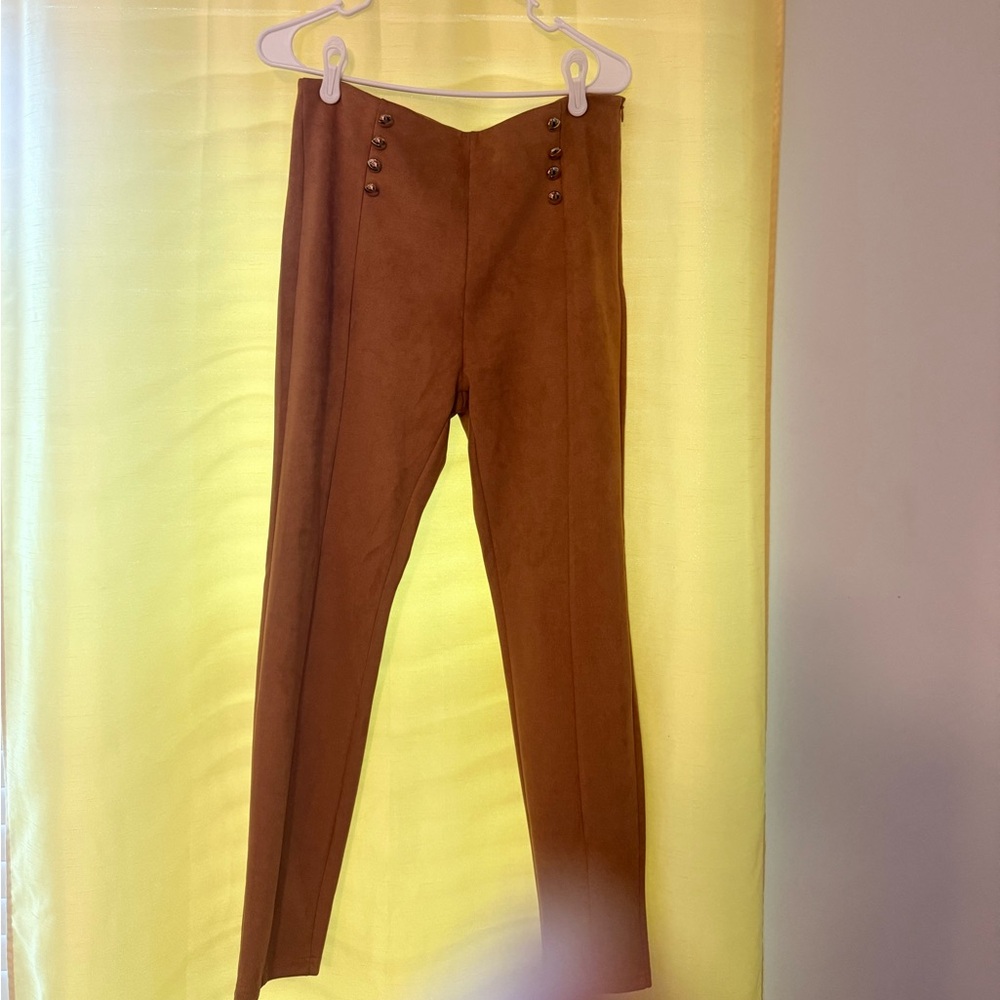 Brown High-Waisted Pants with Button Detail